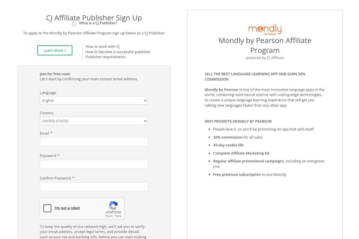 Mondly affiliate program signup page
