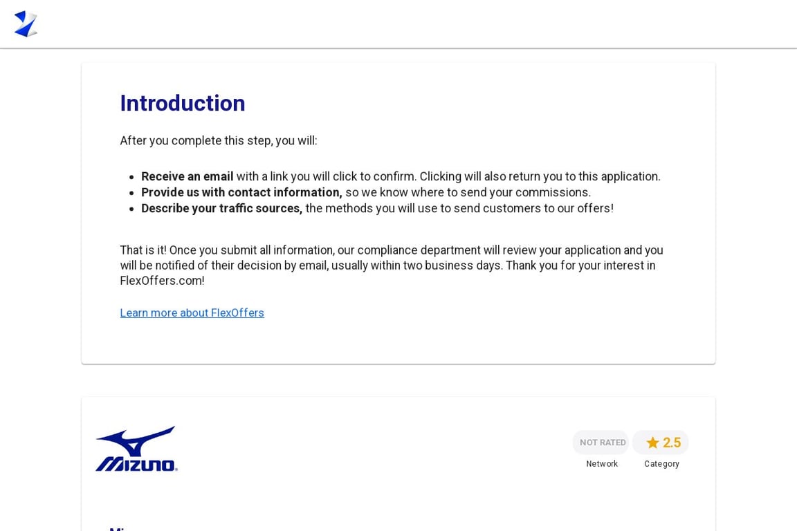 Mizuno affiliate program signup page