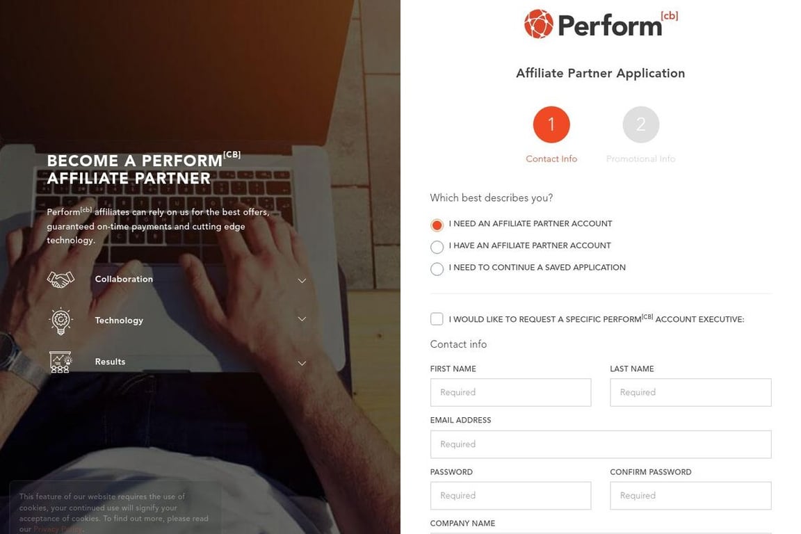 Perform[cb] affiliate program signup page