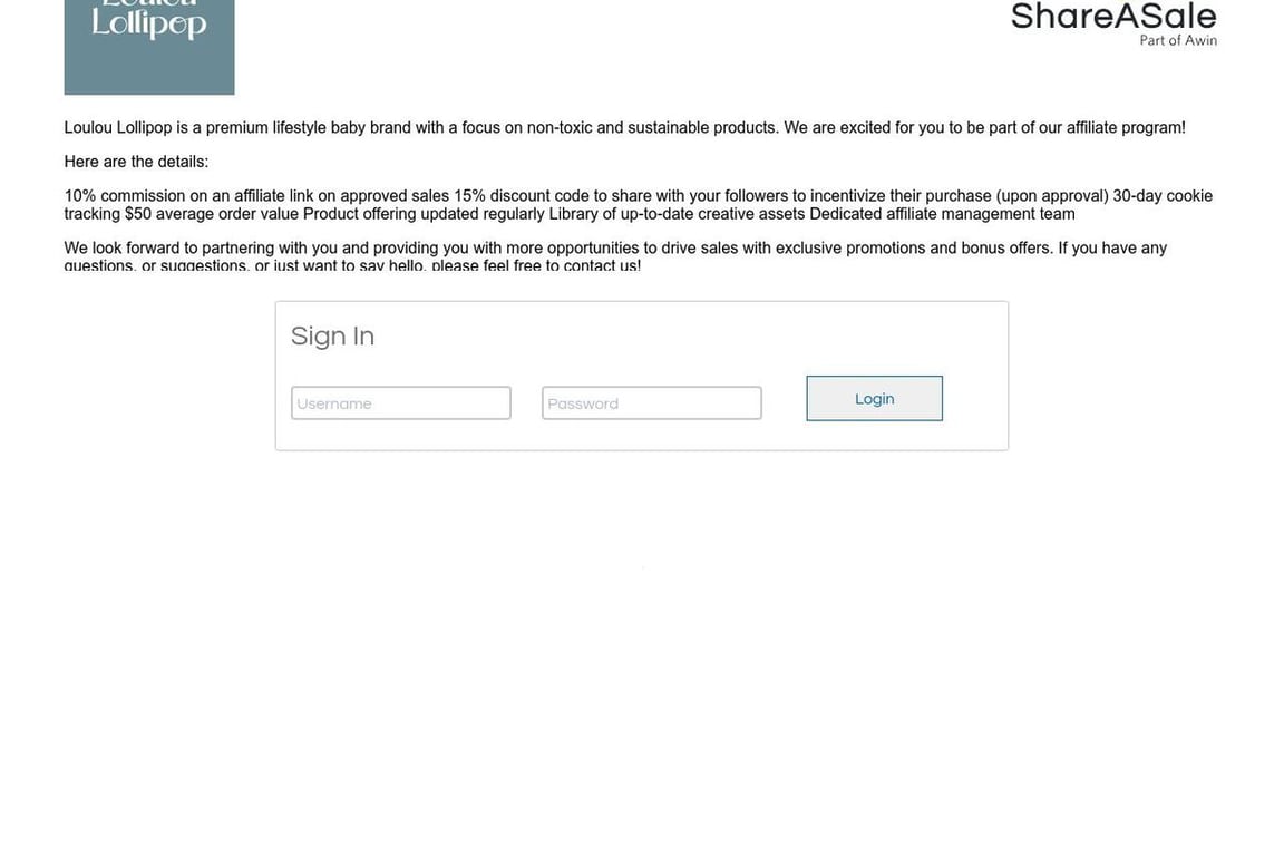 Loulou Lollipop affiliate program signup page