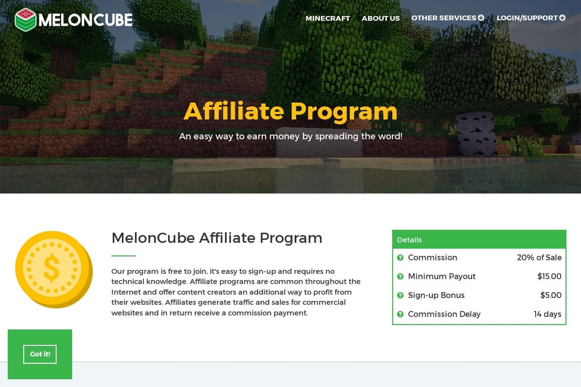 MelonCube affiliate program signup page
