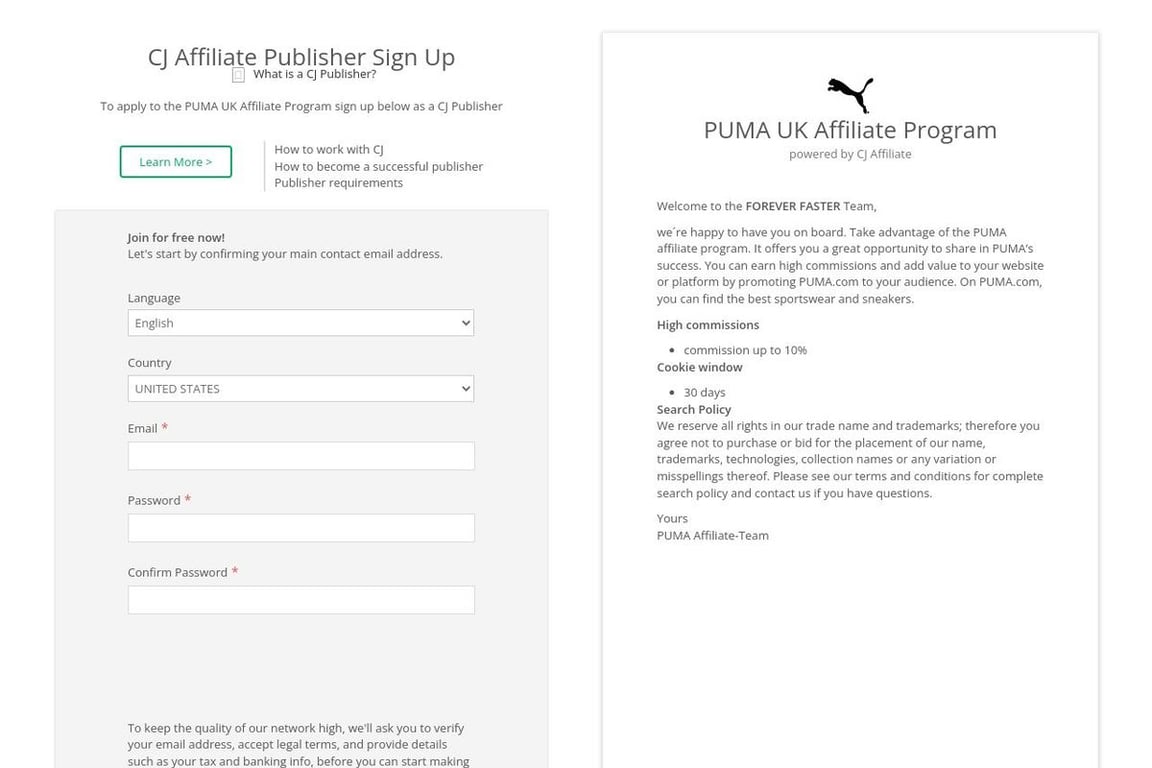 Puma affiliate program signup page