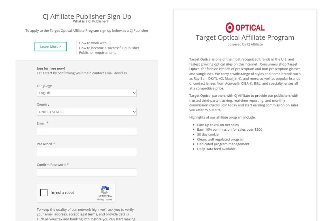 Target Optical affiliate program signup page