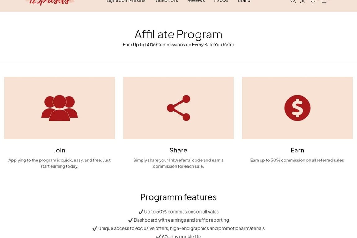 123PRESETS affiliate program signup page
