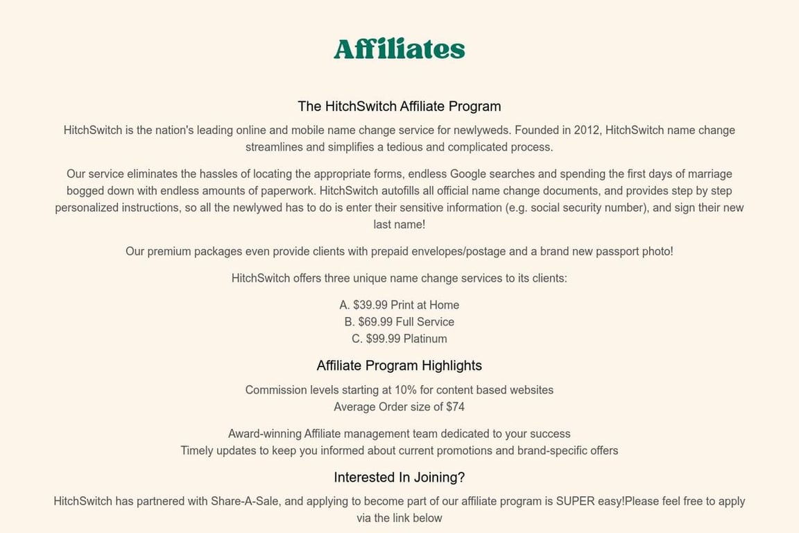 HitchSwitch affiliate program signup page