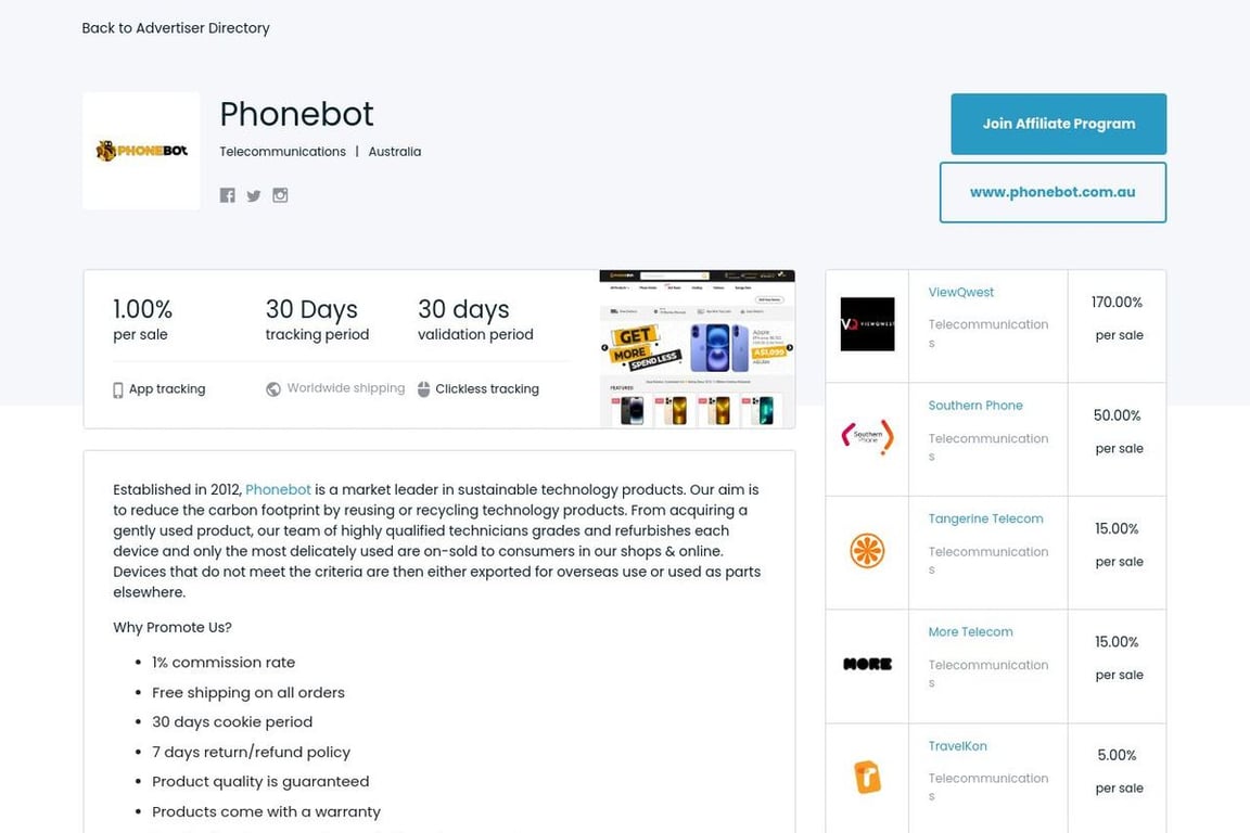 Phonebot affiliate program signup page