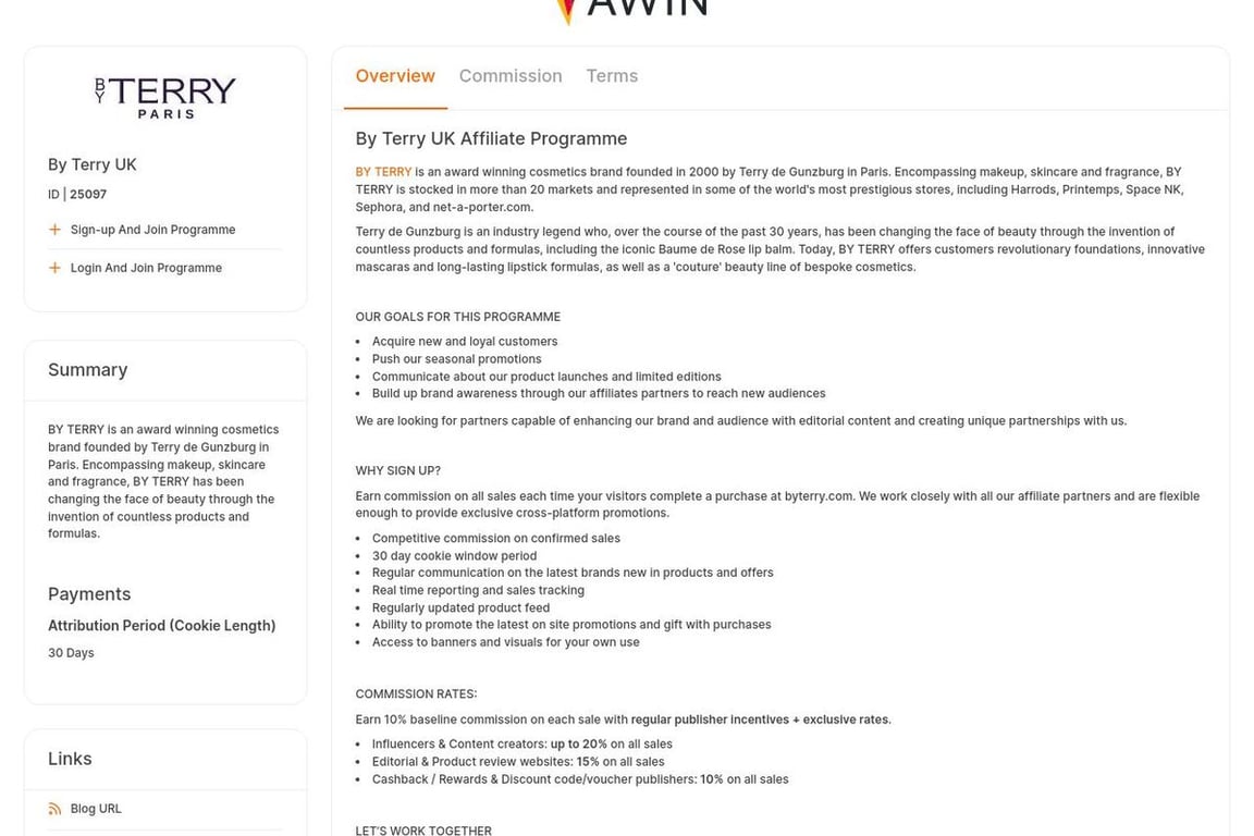 By Terry (UK) affiliate program signup page