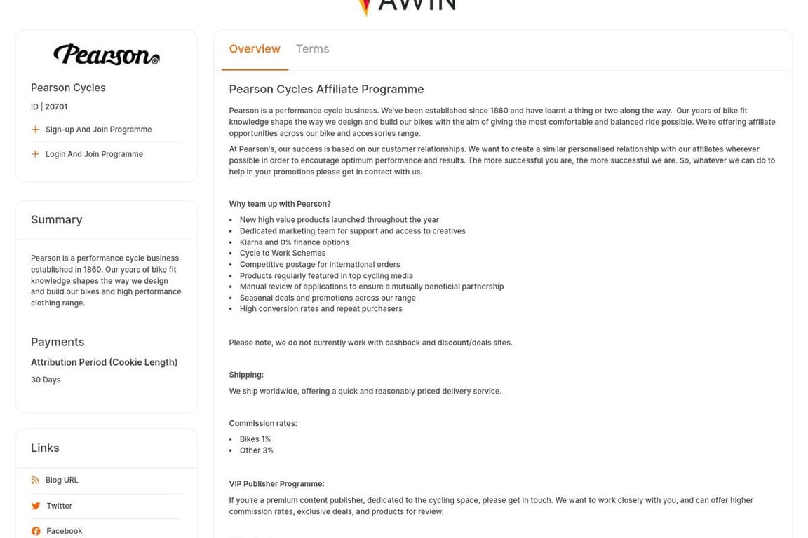 Pearson Cycles affiliate program signup page