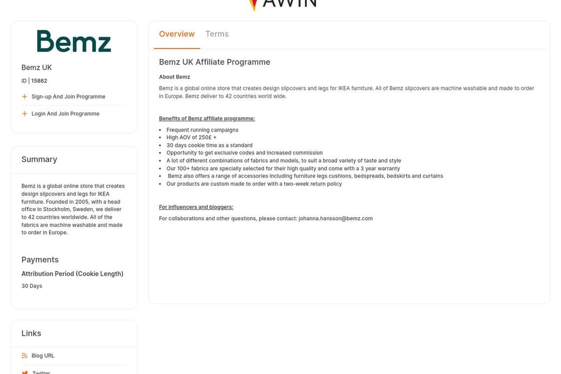 Bemz UK affiliate program signup page