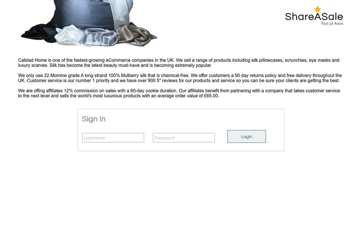 Calidad Home affiliate program signup page