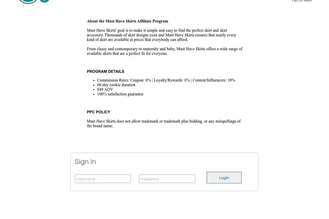 Must Have Skirts Preferred affiliate program signup page