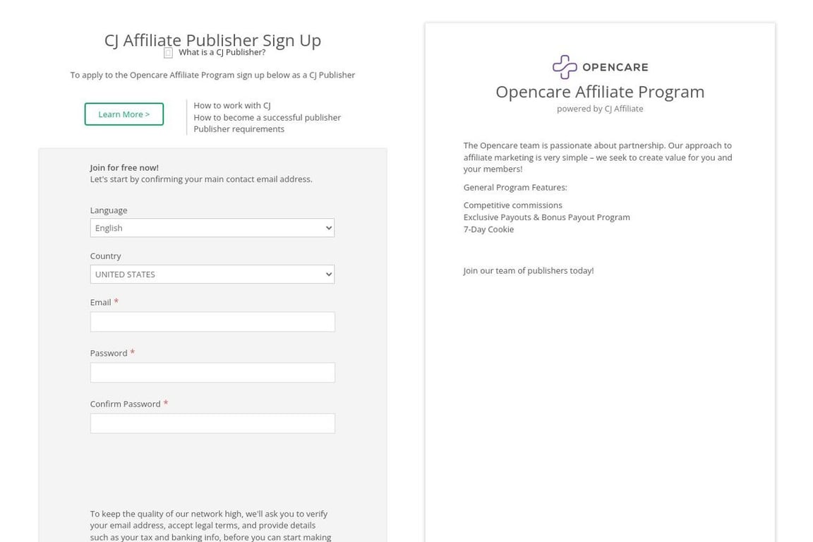 Opencare affiliate program signup page