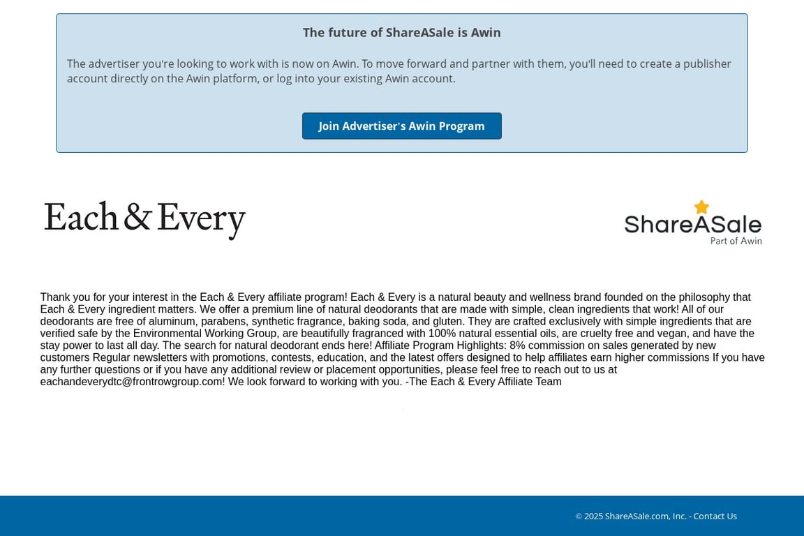 Each & Every affiliate program signup page