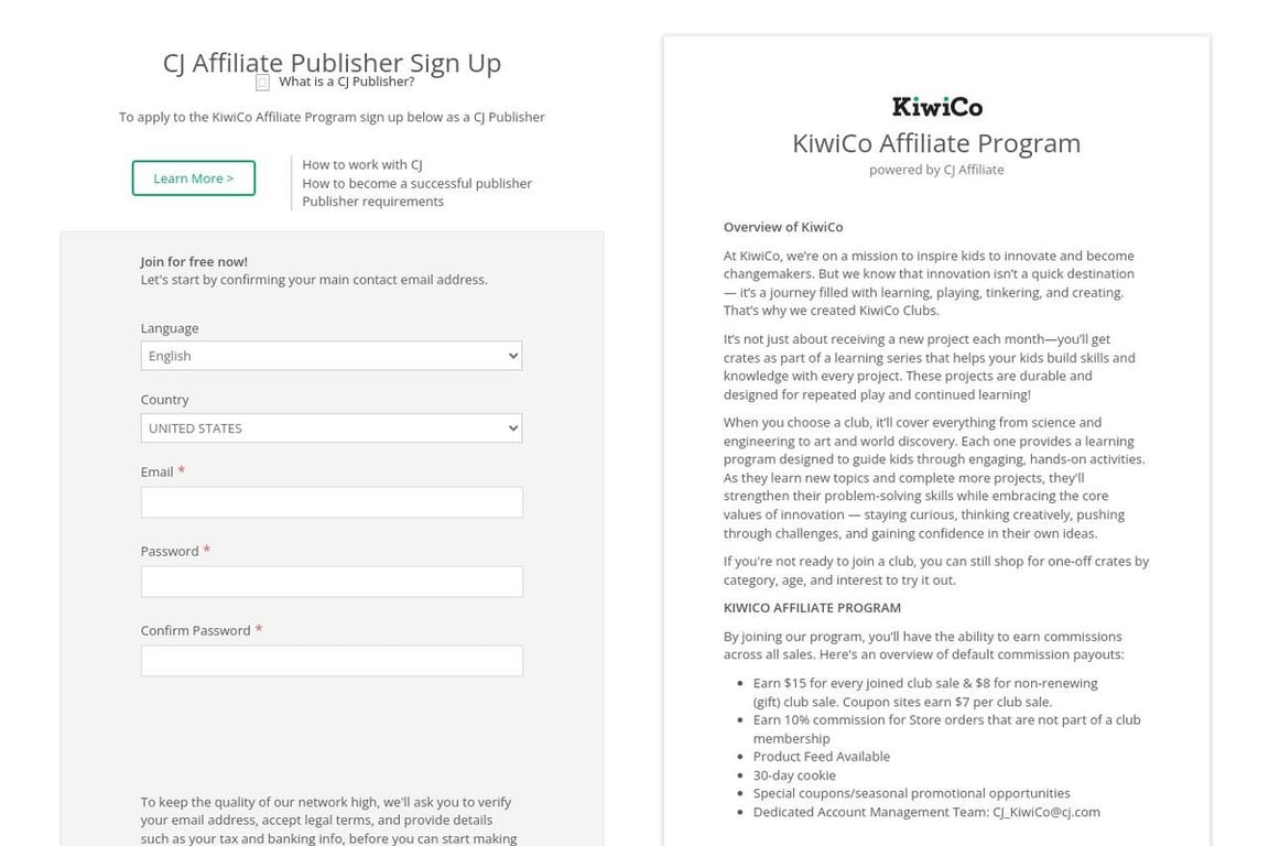 KiwiCo affiliate program signup page