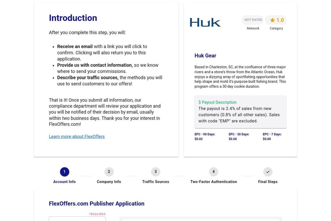Huk Performance Fishing affiliate program signup page