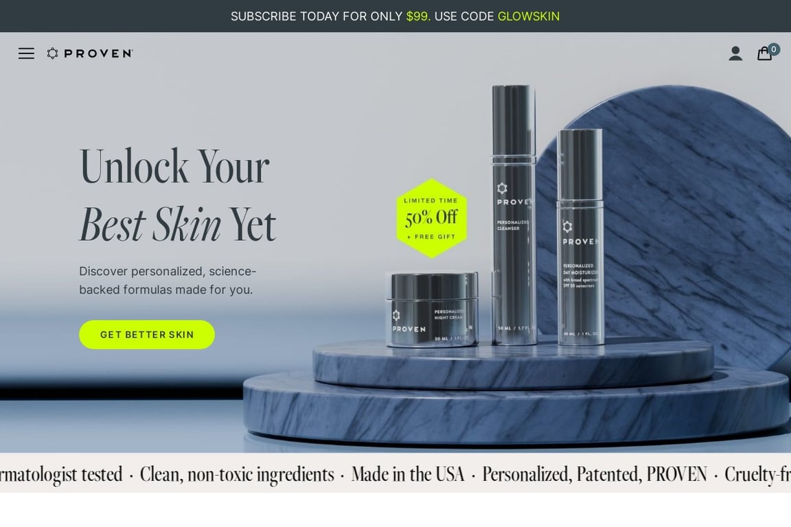 Proven Skincare homepage