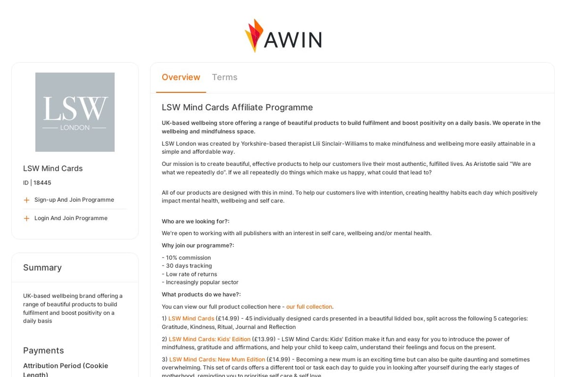 LSW Mind Cards affiliate program signup page