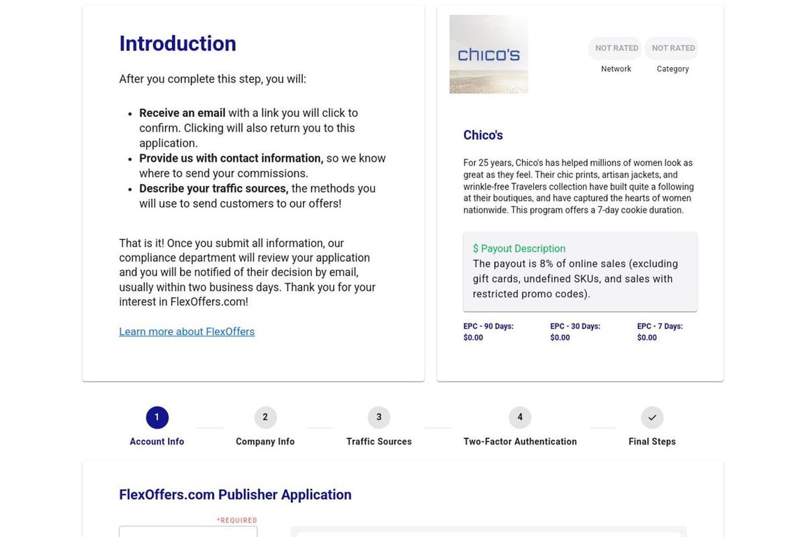 Chico’s affiliate program signup page