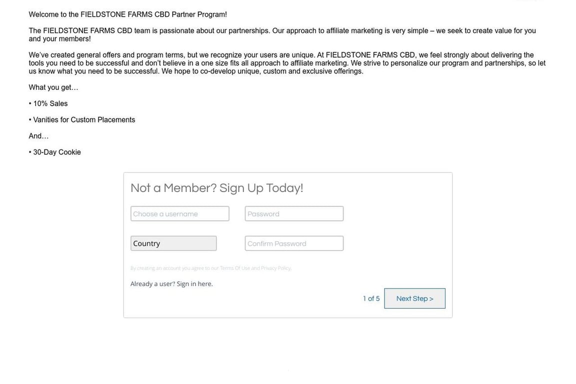 Fieldstone Farms CBD affiliate program signup page
