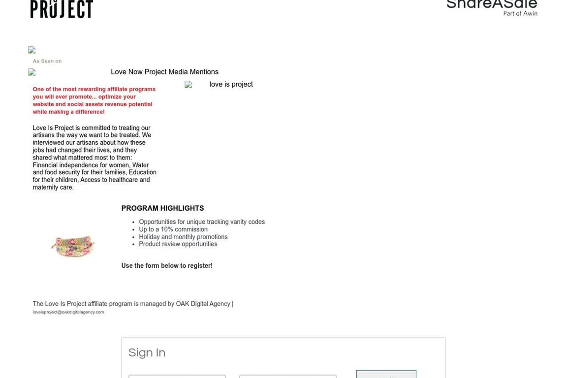 Love Is Project affiliate program signup page