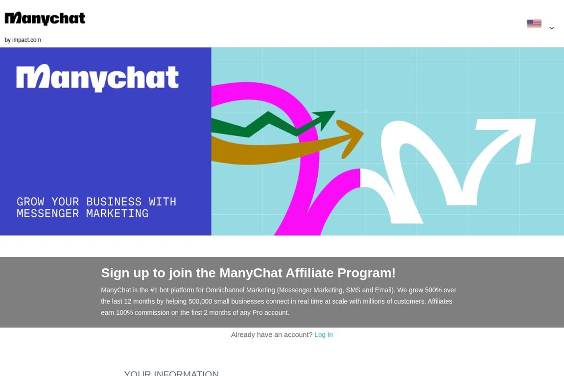 ManyChat affiliate program signup page