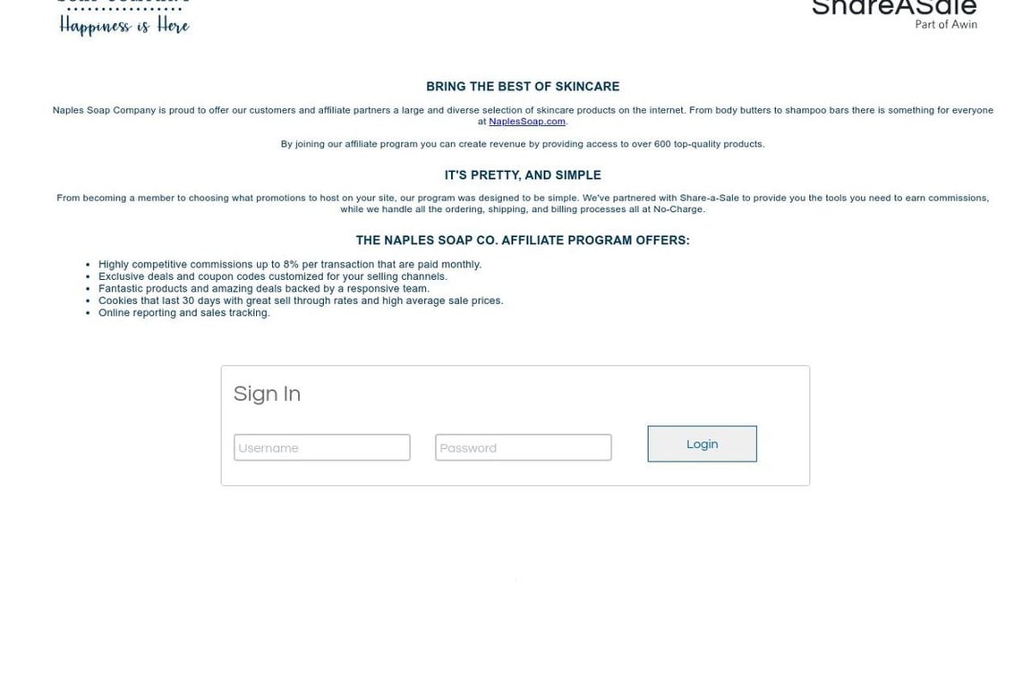 Naples Soap Company affiliate program signup page