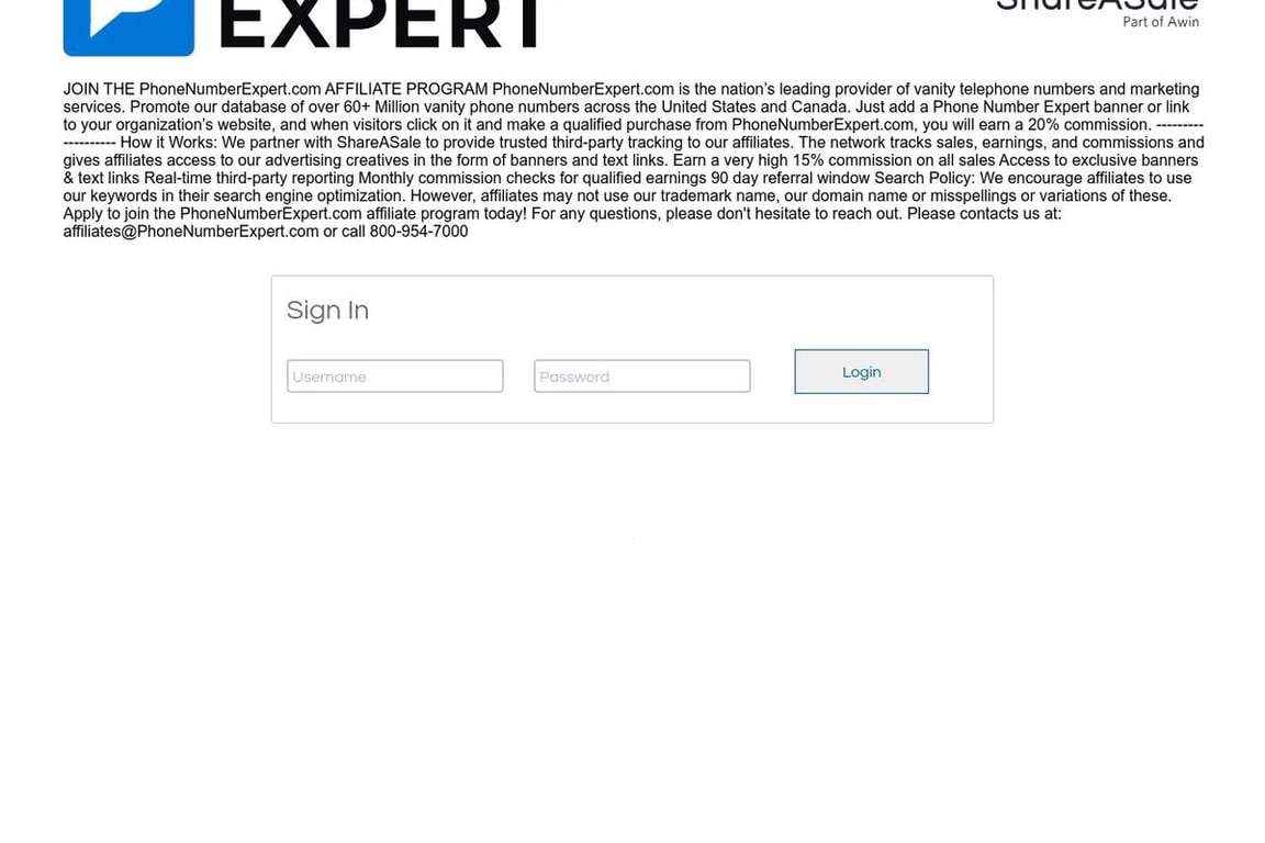 Phone Number Expert affiliate program signup page