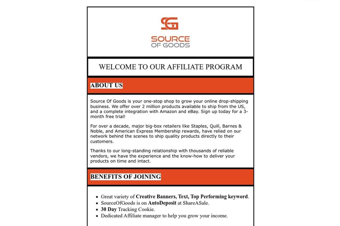 Source of Goods affiliate program signup page