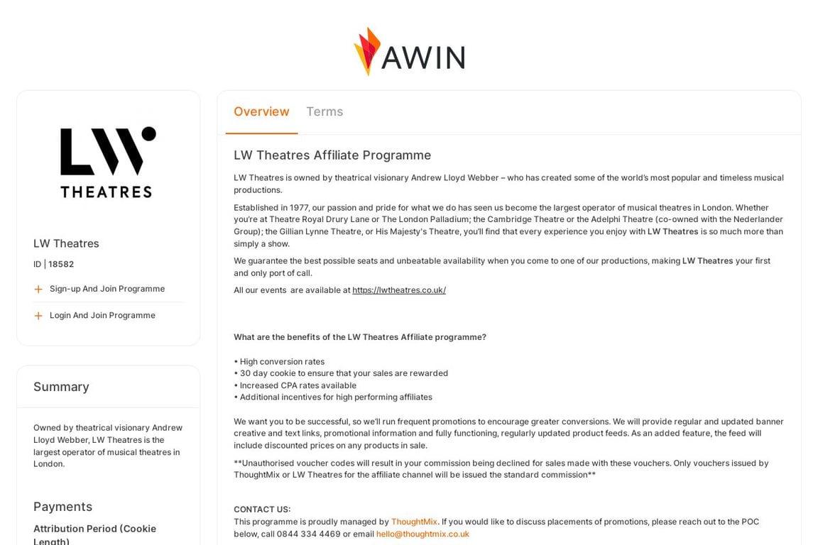 LW Theatres affiliate program signup page