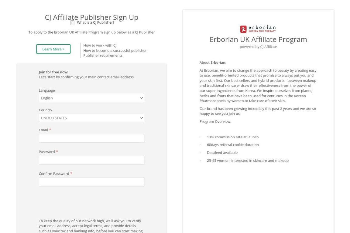 Erborian (UK) affiliate program signup page