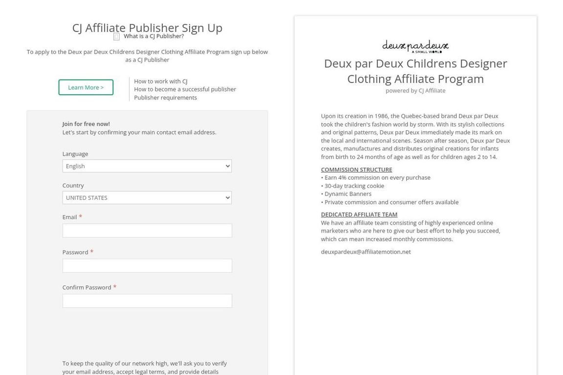 Deux par Deux Childrens Designer Clothing affiliate program signup page