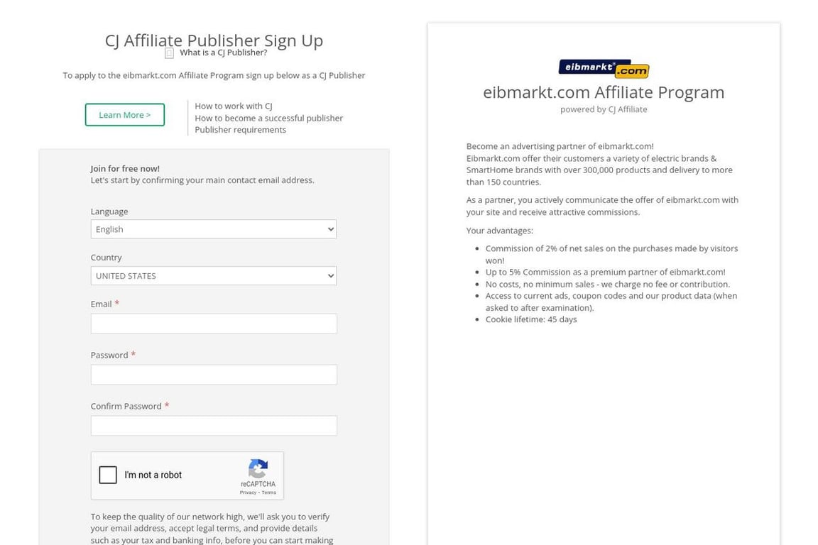 Eibmarkt.com affiliate program signup page