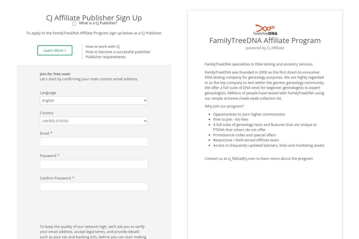 FamilyTreeDNA affiliate program signup page