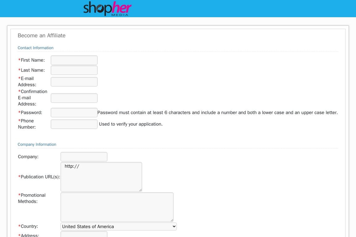 ShopHer Media affiliate program signup page