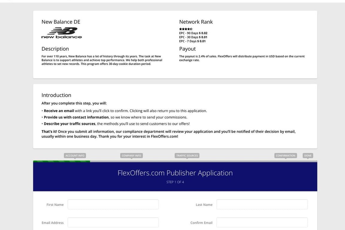 New Balance DE affiliate program signup page