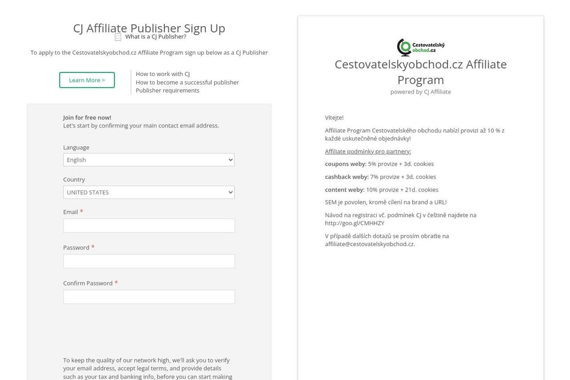 Cestovatelskyobchod affiliate program signup page