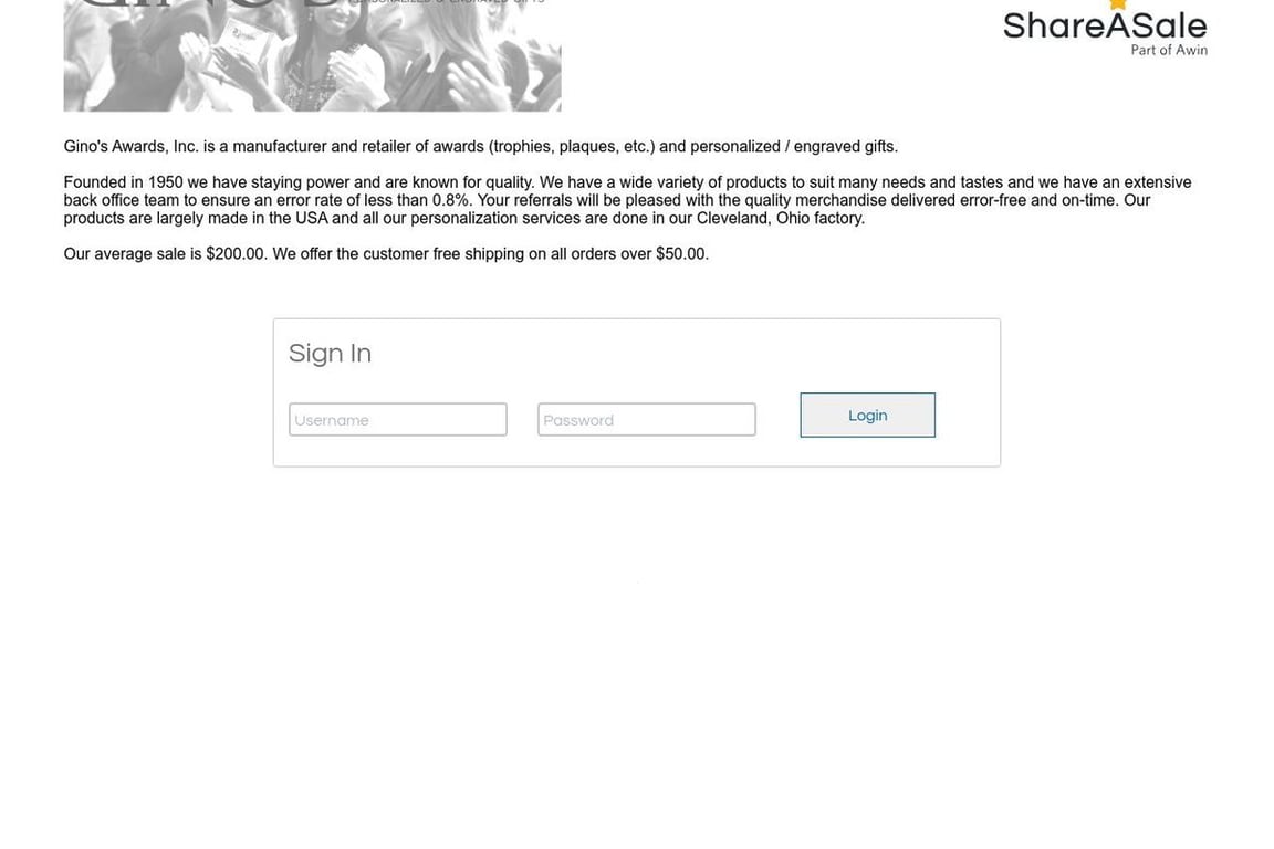 Gino’s Awards Inc. affiliate program signup page