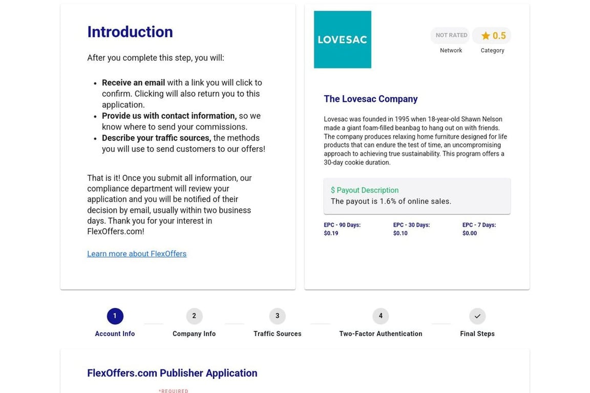 The Lovesac Company affiliate program signup page