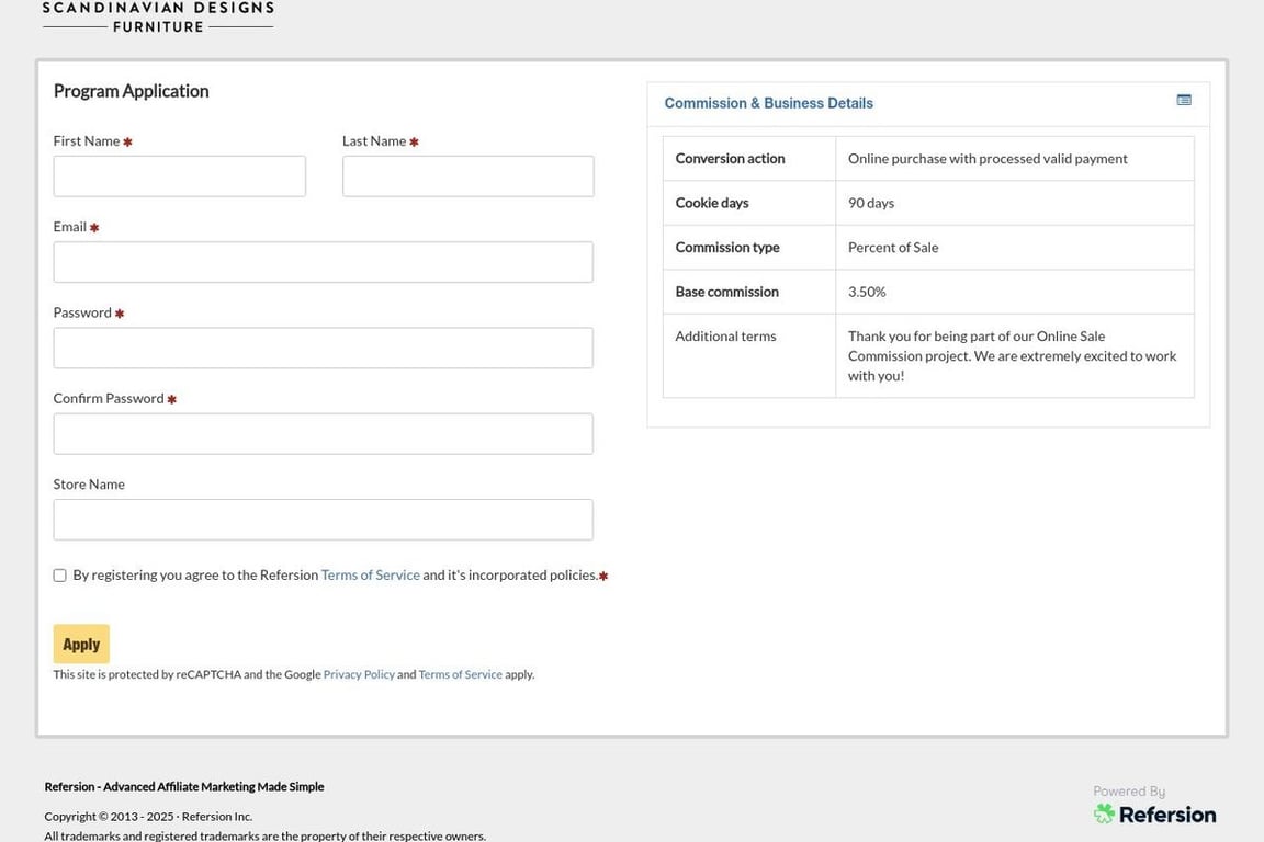 Scandinavian Designs affiliate program signup page
