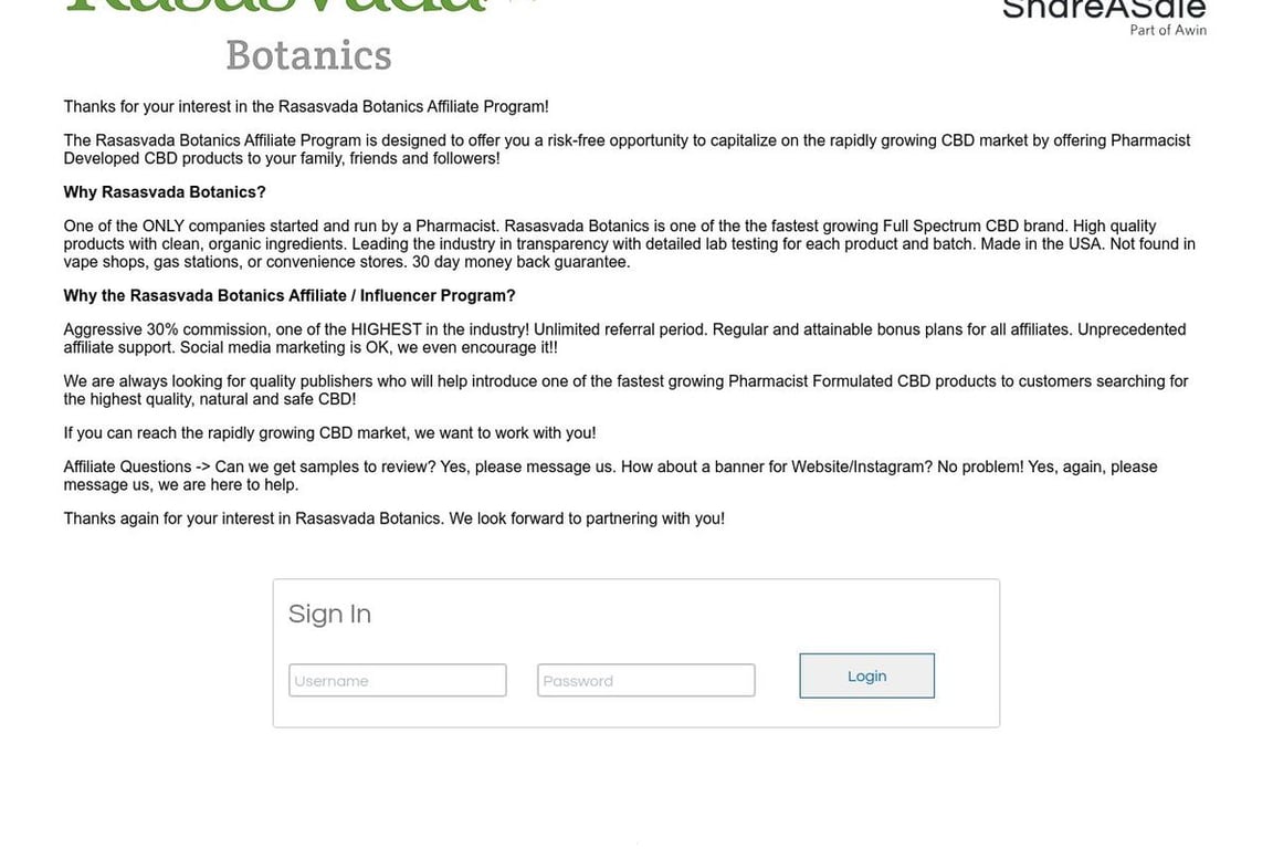 Rasasvada Botanics affiliate program signup page
