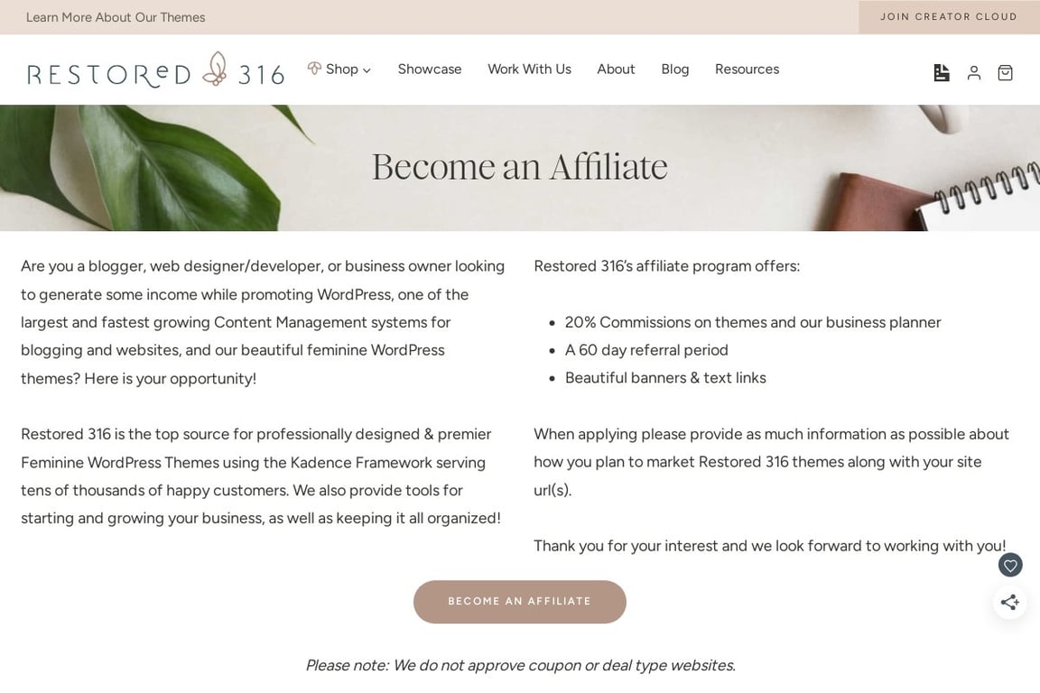 Restored 316 Designs affiliate program signup page