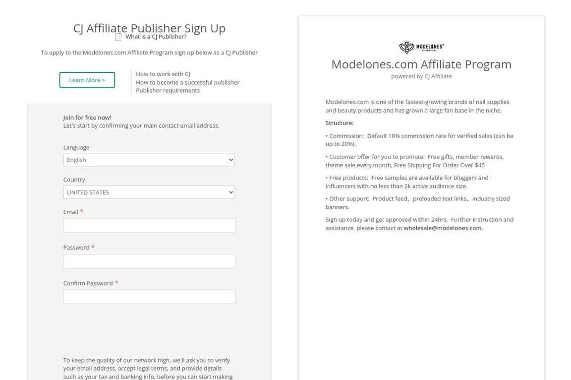 Modelones affiliate program signup page