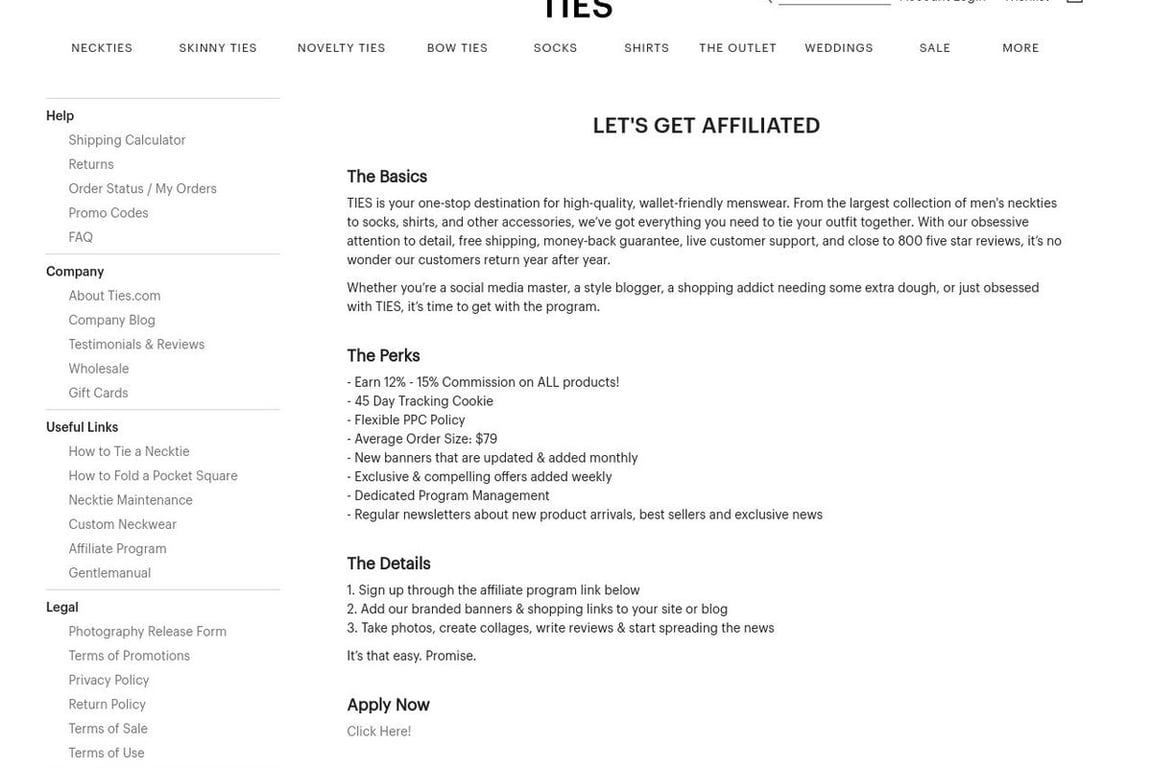 TIES affiliate program signup page