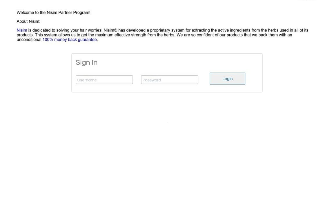 Nisim International affiliate program signup page