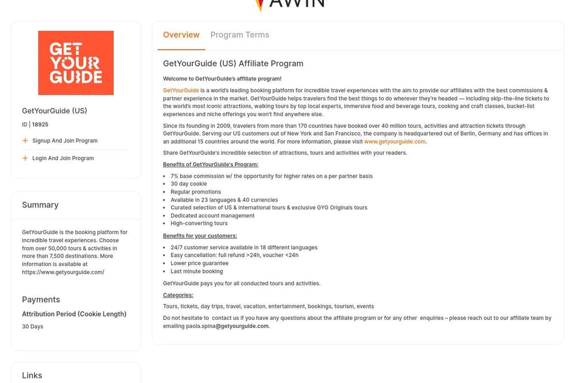 GetYourGuide – Content Partnerships affiliate program signup page