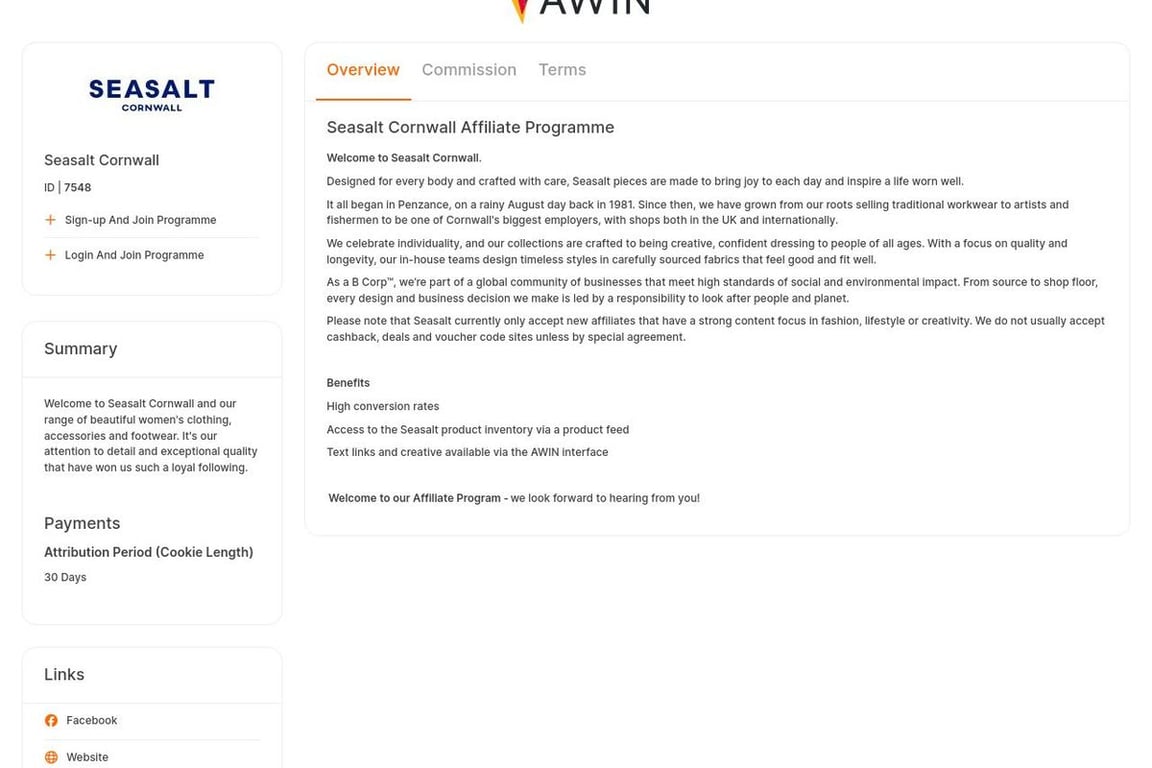 Seasalt Cornwall affiliate program signup page