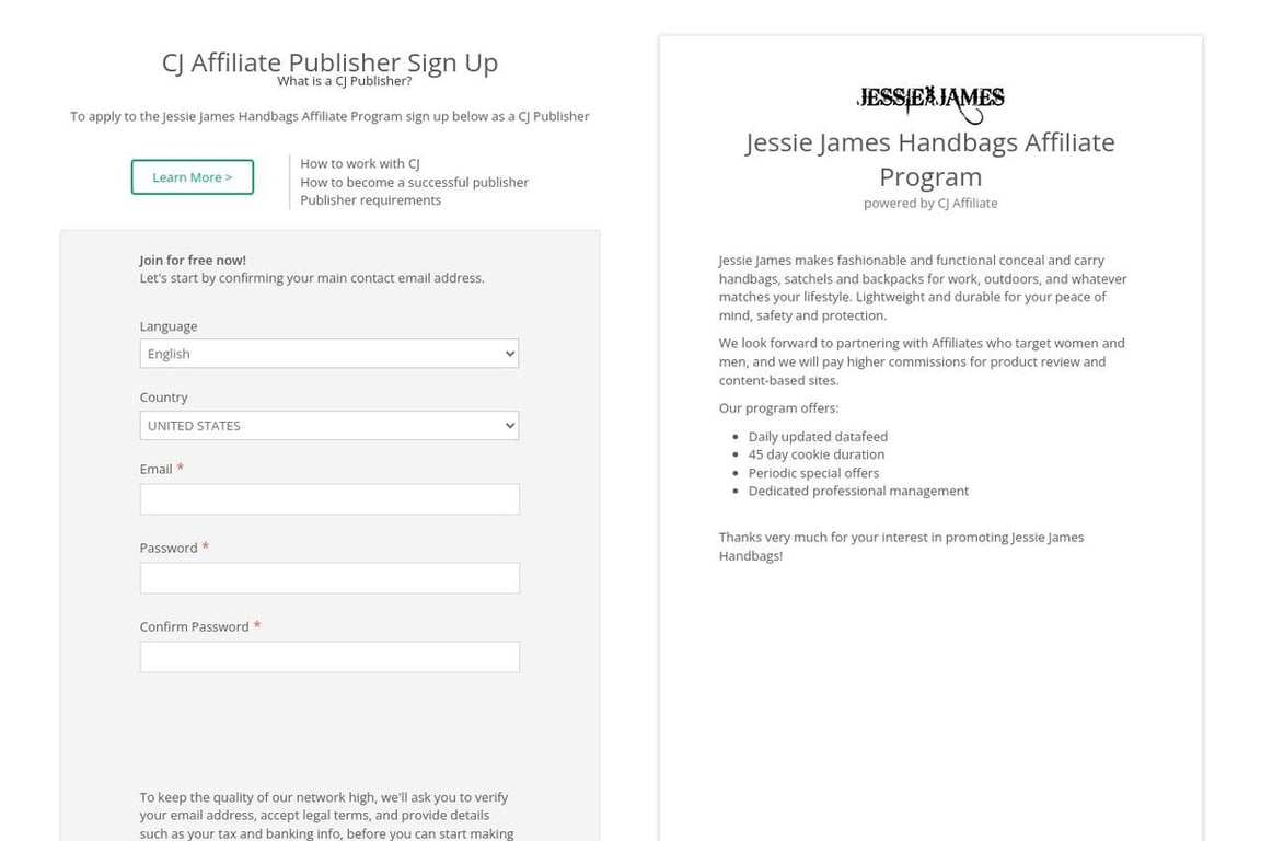 Jessie James Handbags affiliate program signup page