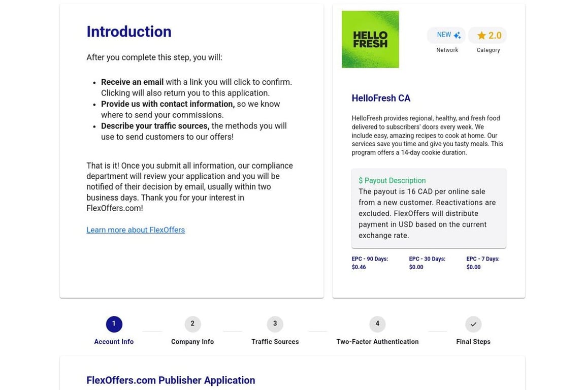HelloFresh CA affiliate program signup page