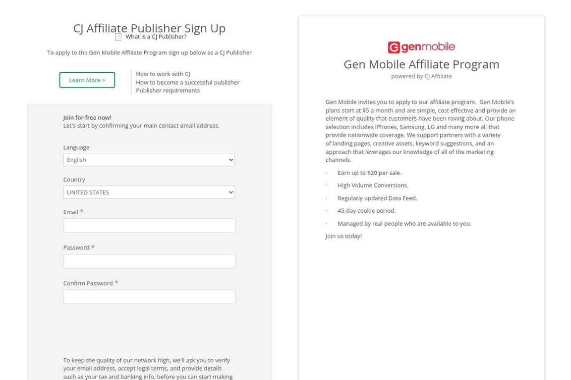 Gen Mobile affiliate program signup page