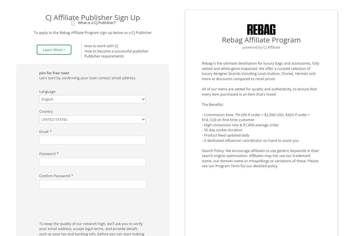 Rebag affiliate program signup page